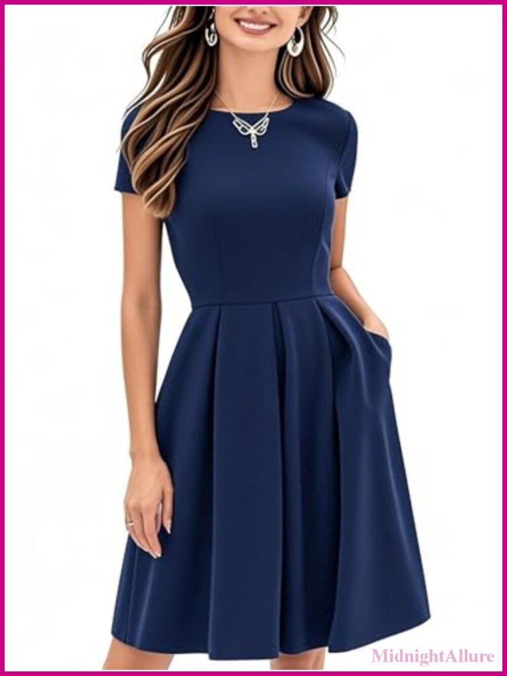 Vintage Fit & Flare Swing Dress Half Sleeve Pockets Casual Party
